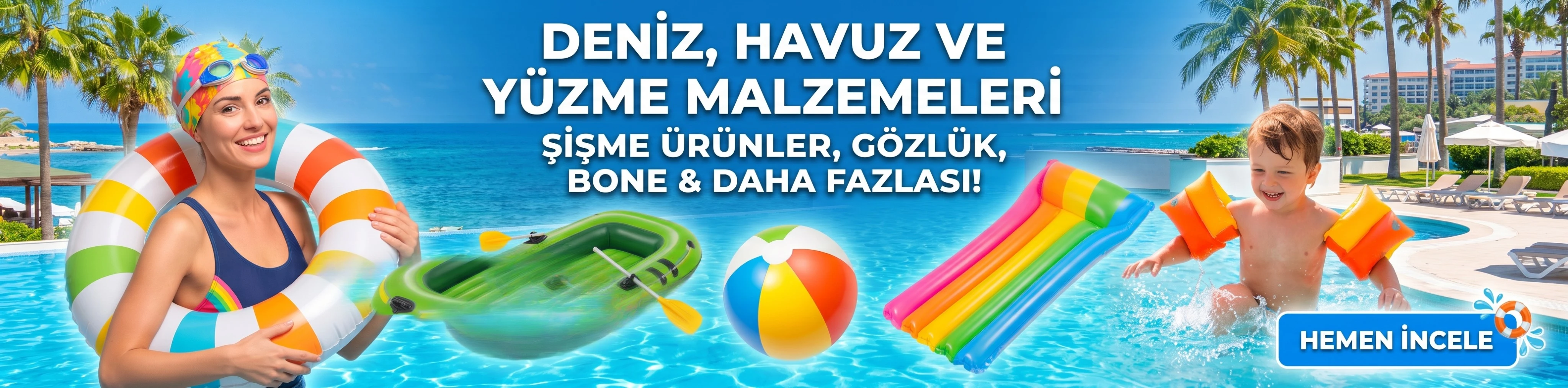 Deniz, Havuz ve Yüzme Malzemeleri | Su Keyfi 'Su Keyfi' markasının 'Deniz, Havuz ve Yüzme Malzemeleri' kategorisi için tasarladığı web bannerı. Üst kısımda 'DENİZ, HAVUZ VE YÜZME MALZEMELERİ' ve altında 'ŞİŞME ÜRÜNLER, GÖZLÜK, BONE & DAHA FAZLASI!' yazısı bulunuyor. Görselde, renkli bone ve gözlüklü mutlu bir kadın, suda kolluklu oynayan neşeli bir çocuk ve aralarında şişme bot, deniz yatağı, plaj topu gibi ürünler yer alıyor. Arka plan tropikal bir deniz ve havuz manzarası olup, 'HEMEN İNCELE' butonu ve marka logosu da görülmektedir.
