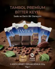3 adet Tambol Şeker İlavesiz Bitter Çikolata 77 Gr Kahve Dünyası % 60 Kakao