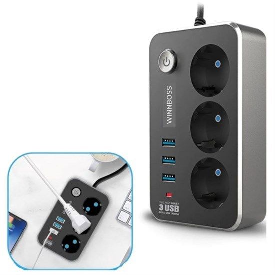 BUFFER® Isıya Dayanıklı Termal Akım Korumalı 2 Mt 10A 2500W 3lü Priz ve 3 Usbi 2.1A Uzatma Kablosu