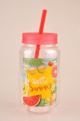 BUFFER® Pipetli Kapaklı Plastik Milkshake  Smoothie Meşrubat Bardağı