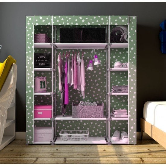 Portatif Desenli Plastik Borulu Çift Yandan Raflı Bez Dolap