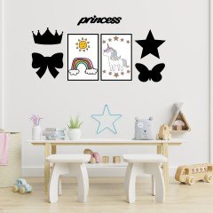 BUFFER® DECO102 Princess Dekoratif Duvar Süsü Tablo Aksesuar Ahşap Tasarım Hediye Pano Sticker Seti