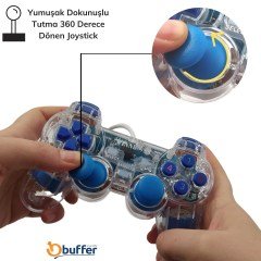 BUFFER® Şeffaf USBli Titreşimli Kablolu Gamepad Bilgisayar Pc Joystik Analog Oyun Konsolu Kolu