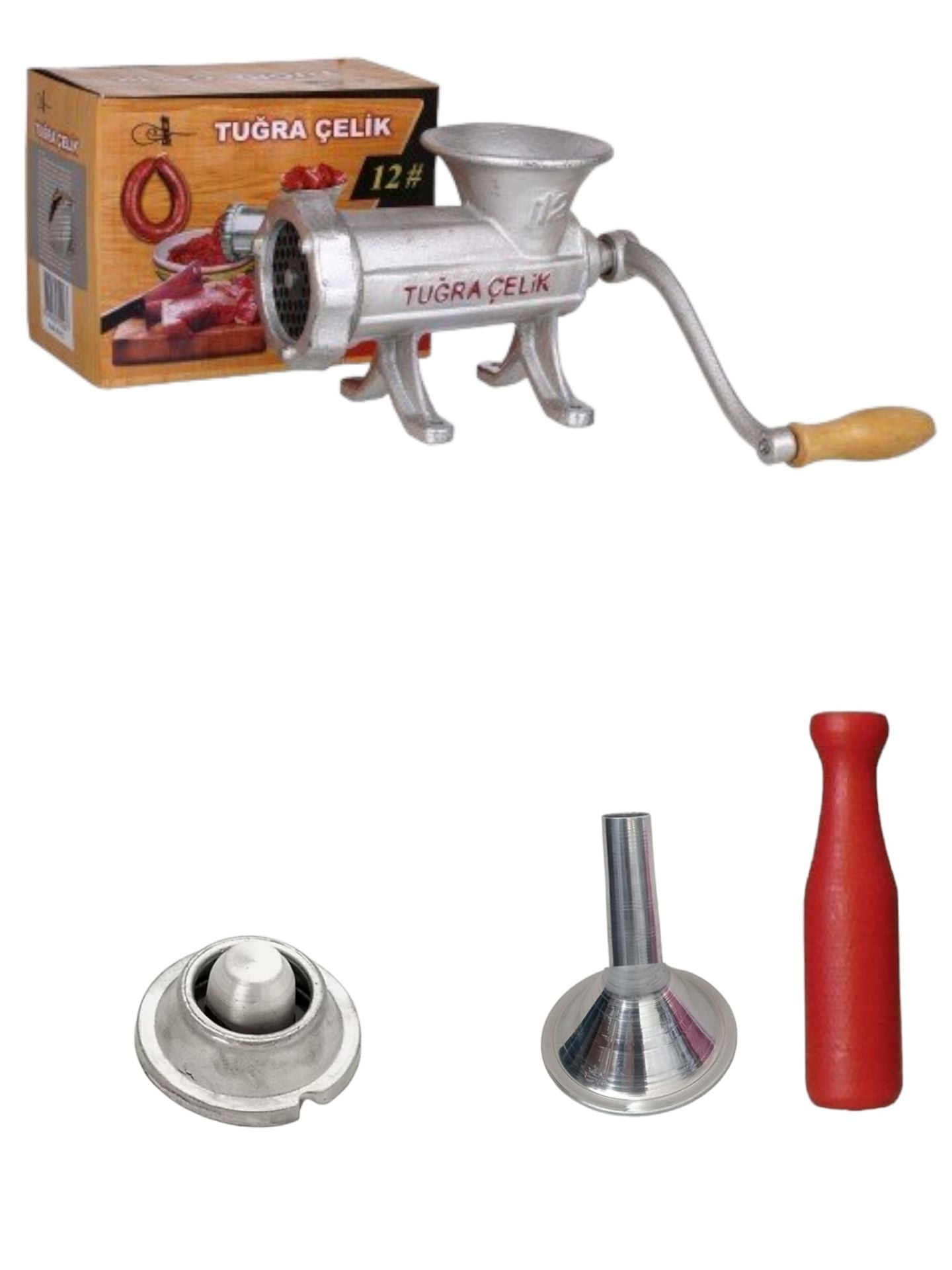 Tuğra Çelik No 12 Kıyma Makinesi Çevirme Kollu Döküm Makine ve İçli Köfte ve Sucuk Aparatı