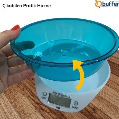 BUFFER® TF 1003 Hazneli Lcd Ekran Hassas Ölçüm Sensörlü 5 Kg Kapasite Dijital Mutfak Terazisi Tartısı