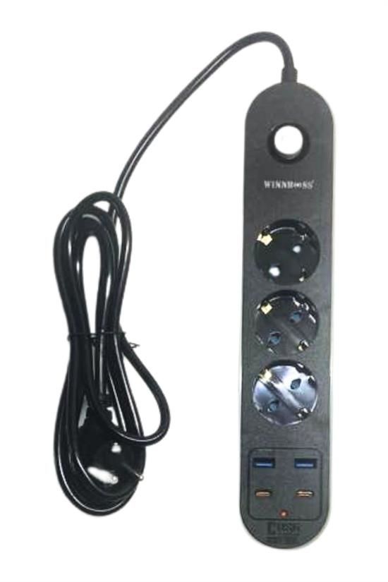 BUFFER® Isıya Dayanıklı Termal Akım Korumalı 3 Priz Girişli 2 USB Girişli 2 TYPE-C Girişli Pirz