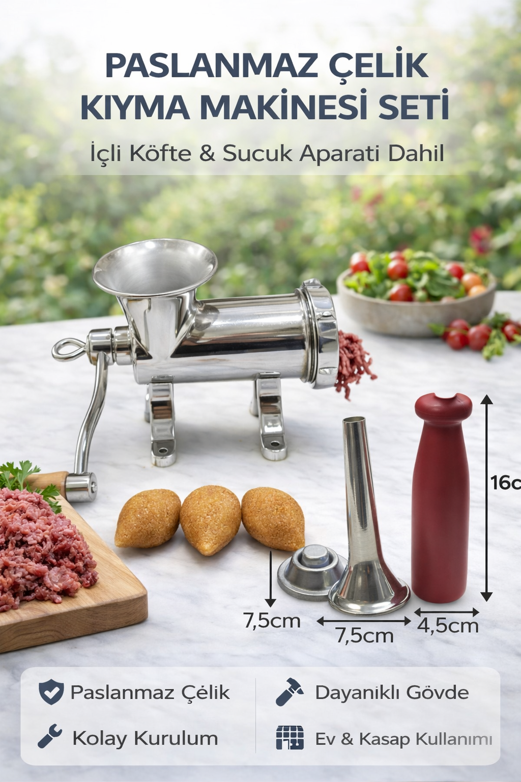 4'lü 12'lik Paslanmaz Çelik Kıyma Makinesi Full Set Kollu – (Tokmak, İçli Köfte, Sucuk Aparatı)