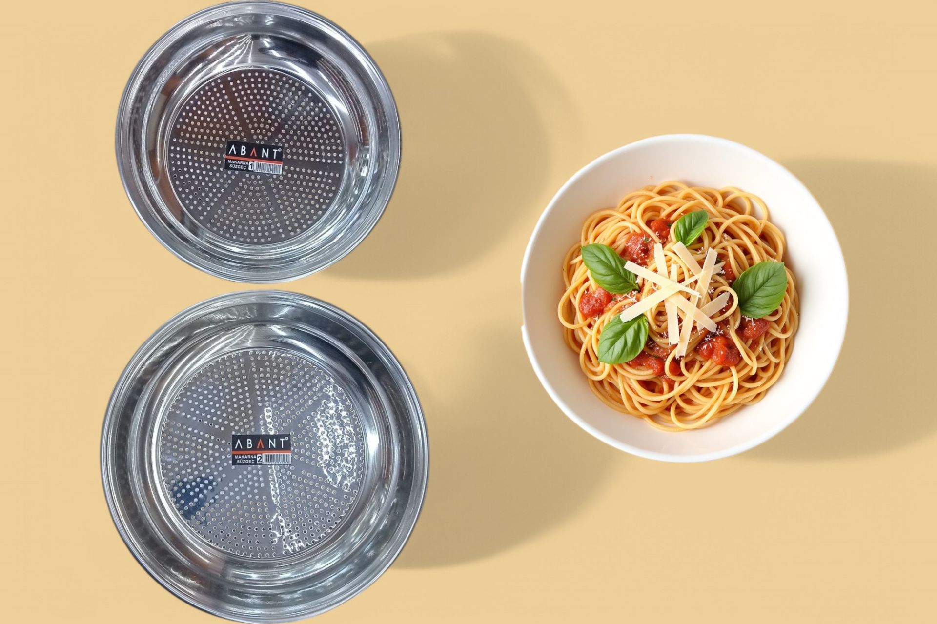 Abant 2'li Makarna Süzgeci Seti Çelik Süzgeç Kevgir