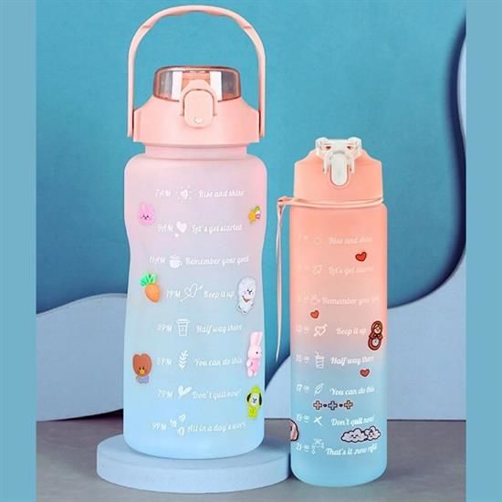 BUFFER® İkili 2 Lt + 0,9 Lt Motivasyon Su Şişesi Sızdırmaz Dayanıklı Kapaklı Şık Tasarımlı Renkli 3d ve 2d Sticker Hediyeli Su Matarası