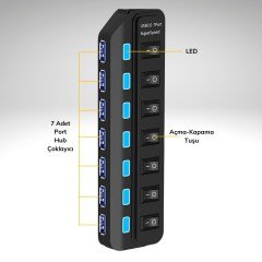 BUFFER® Çok Amaçlı 7 Port Girişli Güçlü Usb 2.0 Çoklayıcı Çoğaltıcı Adaptör Switch Splitter Hub