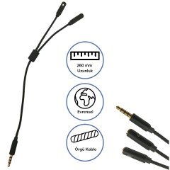 BUFFER® 1 Erkek 2 Dişi 3.5 mm Kulaklık ve Mikrofon Ayırıcı Çoklayıcı  Aux Kablo