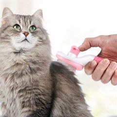 BUFFER® Kedi Köpek Tüy Toplayıcı Kendini Temizleyebilen Ergonomik Saplı Evcil Hayvan Tarağı Pembe