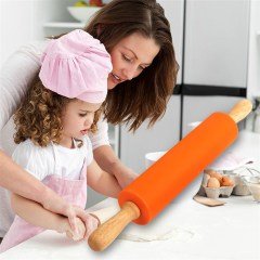 BUFFER® Renkli Mini Slikon Ahşap Saplı Oklava Merdanesi Hamur Açma Aleti