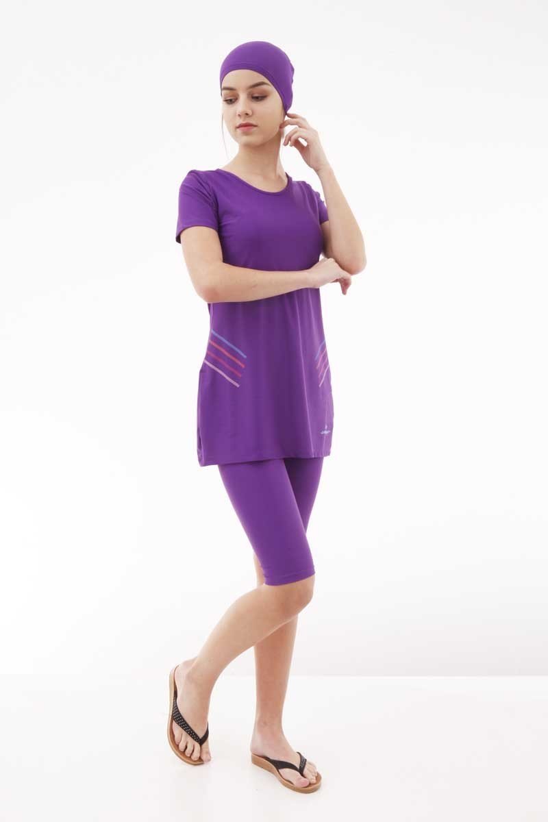 Emayo Taytlı Yarı Tesettür Mayo Ayla 1013 Mor (Kısa Kollu) XL