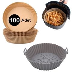 BUFFER® Gri Pişirme Matı 20 Cm Ve 100 Adet Kullan-At Air Fryer Pişirme Kağıdı Yuvarlak Delikli