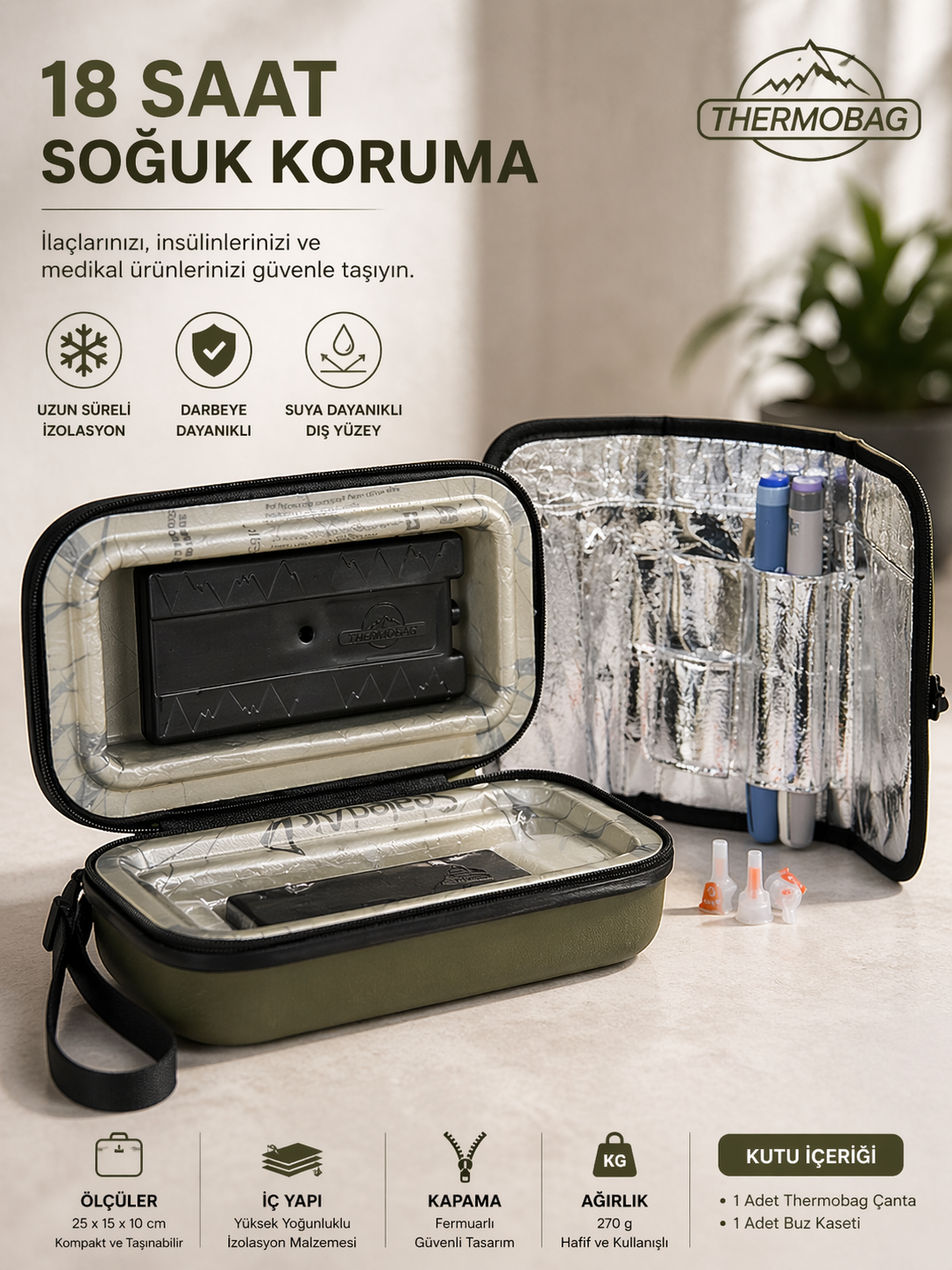 Haki Termal Soğuk Taşıma Çantası 18 Saat İzolasyonlu Buz Kasetli Seyahat Çantası