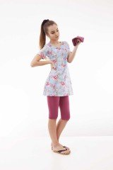 Emayo Yarı Kapalı Kısa Taytlı Tesettür Mayo Hüma 1015 Gül Kurusu (Kısa Kollu) L