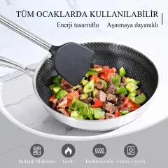 30 cm Paslanmaz Çelik Wok Tava İndüksiyon Uyumlu 5 Katmanlı Petek Yüzeyli