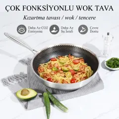 30 cm Paslanmaz Çelik Wok Tava İndüksiyon Uyumlu 5 Katmanlı Petek Yüzeyli