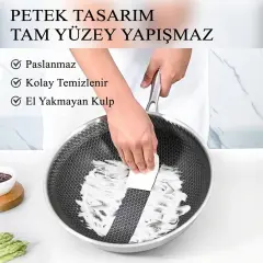 30 cm Paslanmaz Çelik Wok Tava İndüksiyon Uyumlu 5 Katmanlı Petek Yüzeyli