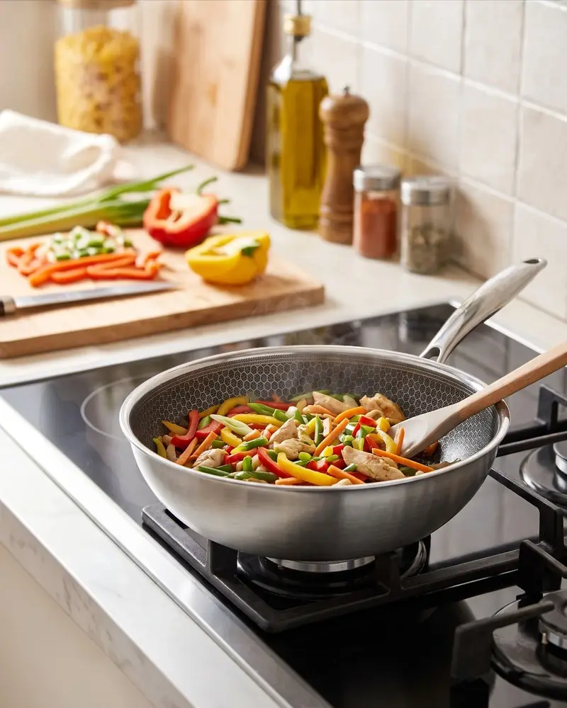 30 cm Paslanmaz Çelik Wok Tava İndüksiyon Uyumlu 5 Katmanlı Petek Yüzeyli
