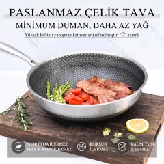 26 cm Paslanmaz Çelik Wok Tava İndüksiyon Uyumlu, 5 Katmanlı Petek Yüzeyli