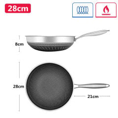 26 cm Paslanmaz Çelik Wok Tava İndüksiyon Uyumlu, 5 Katmanlı Petek Yüzeyli