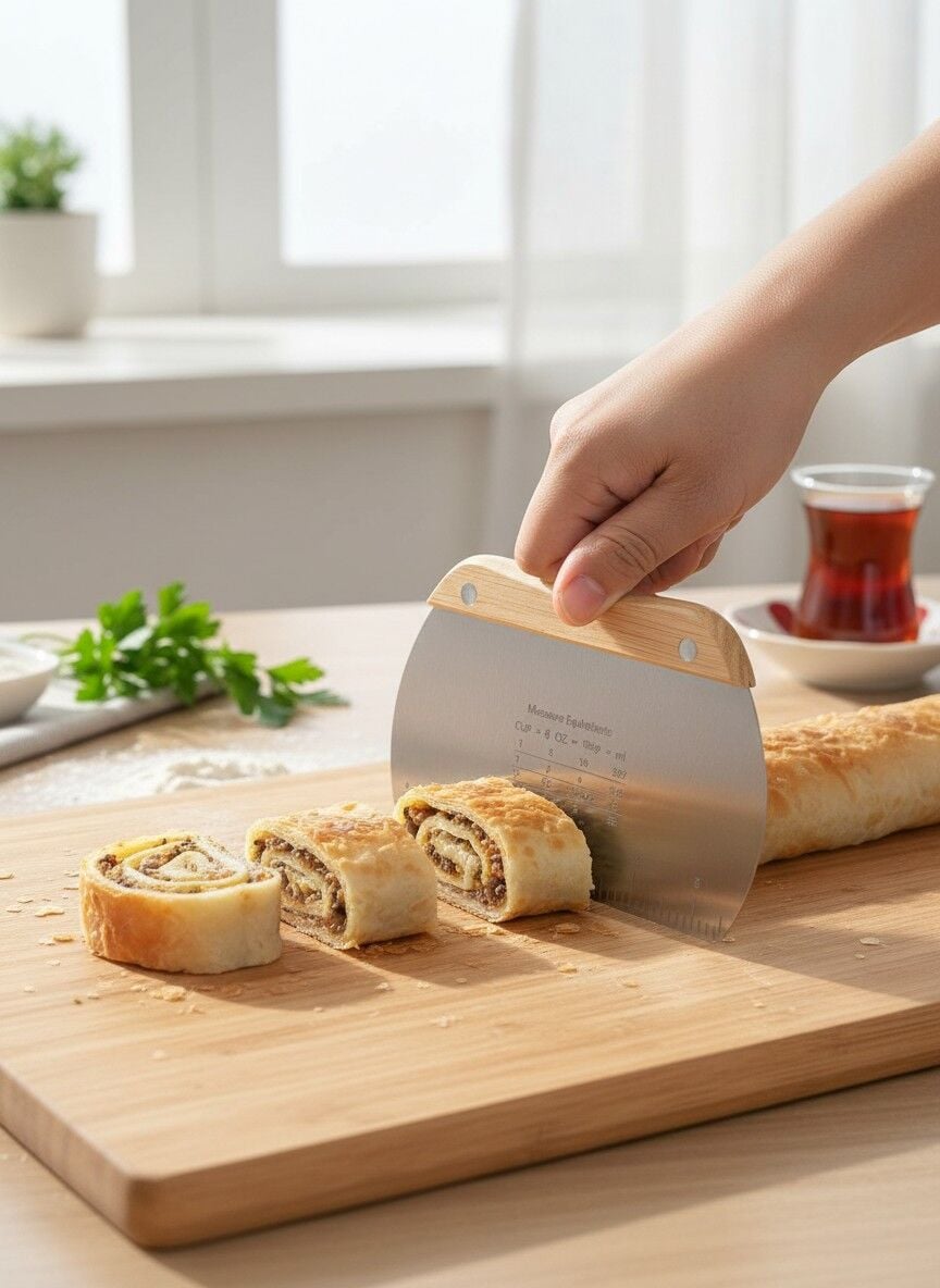 Paslanmaz Çelik Hamur Kesici, Kazıyıcı ve Porsiyonlayıcı , Ölçülü 16 cm Bambu Saplı Spatula