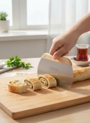Paslanmaz Çelik Hamur Kesici, Kazıyıcı ve Porsiyonlayıcı , Ölçülü 16 cm Bambu Saplı Spatula