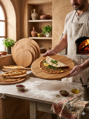 Ahşap Pizza ve Lahmacun Servis Tahtası Doğal Ahşap Sunum Altlığı 28 cm