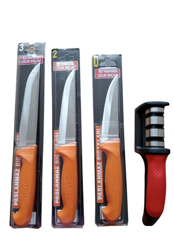 Gold Serisi 1-2-3 Numara Bıçak Kurban Bıçağı Seti & Bileme Aleti 3 Ağızlı