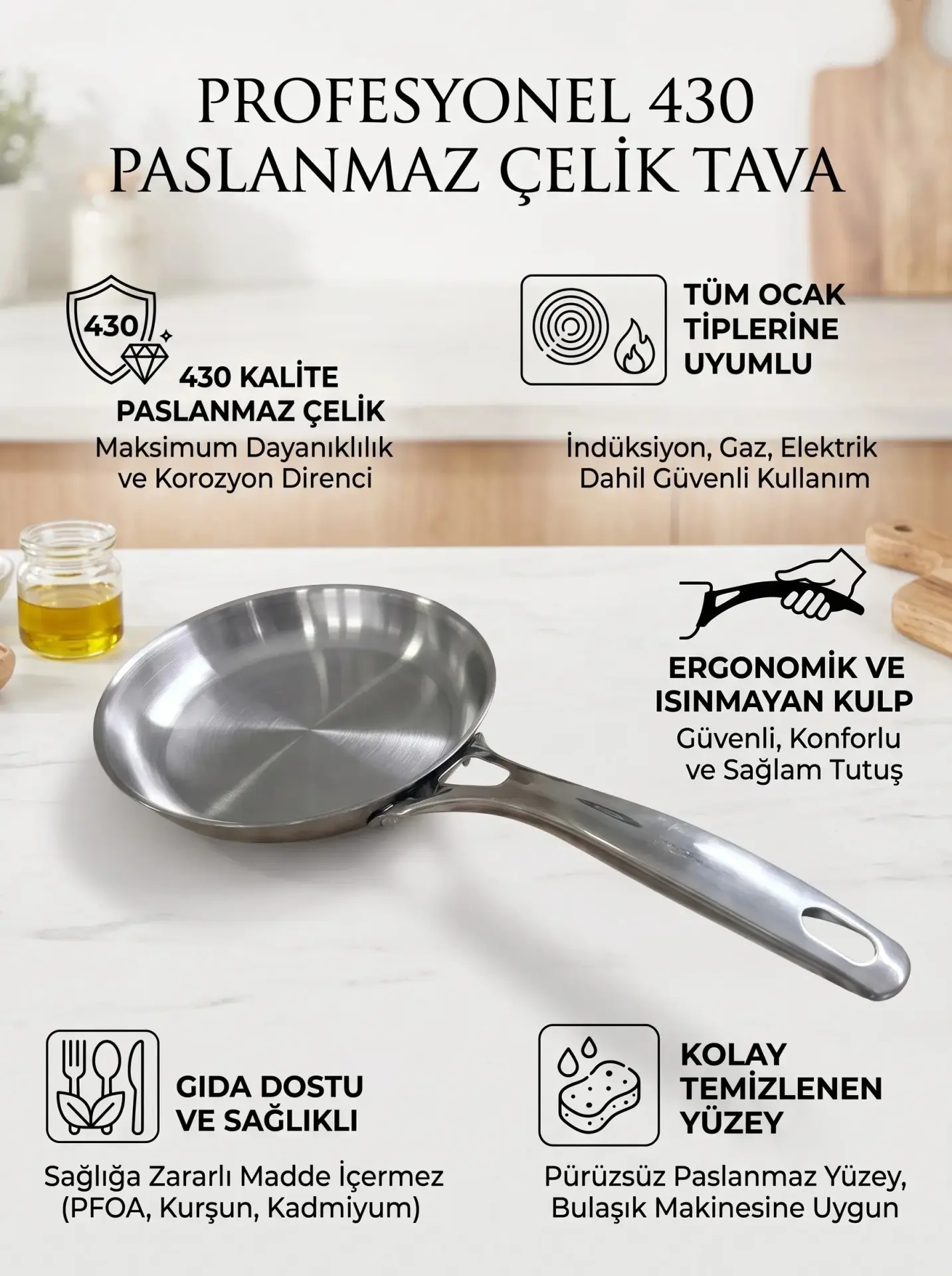 Defonte Paslanmaz Çelik Tava 18 cm (İndüksiyonlu ve Tüm Ocaklar İçin)