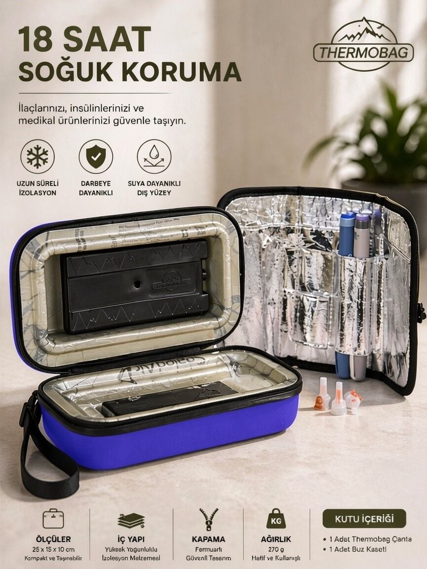 Hormon Taşıma Çantası, 25x15x10 cm, İzotermik İç Yalıtım, 18 Saat Soğuk Koruma Lacivert