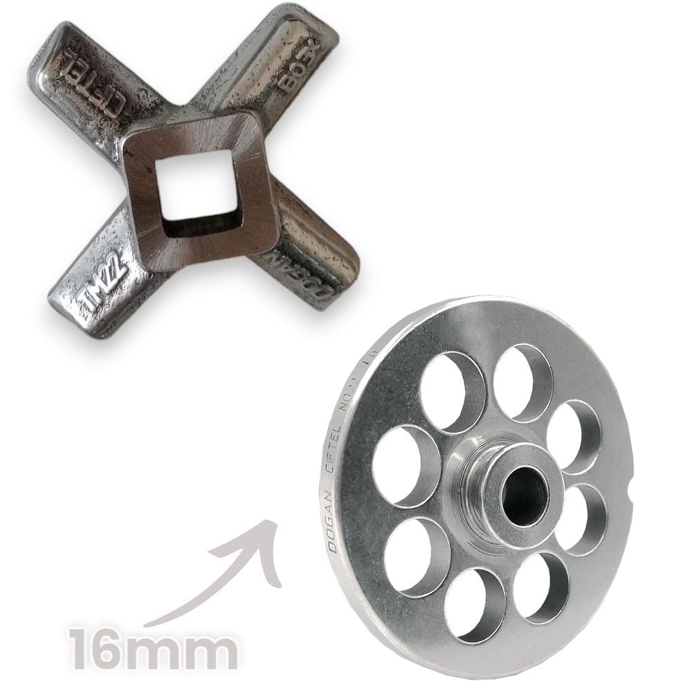 22 Numara 16 mm 2'li Kıyma Makinesi Ayna ve Bıçak Seti