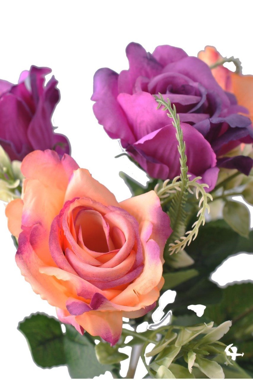 BUFFER® 5 Dallı 28 cm Dekoratif Gül Yapay Sahte Çiçek Mor Krem Renkli