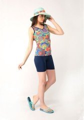 Emayo Kısa Taytlı Yarı Tesettür Mayo Tankini 1933 Mor/Lacivert