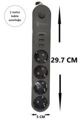 BUFFER® 4lü Siyah Anahtarlı 3 USB Li Akım Korumalı Topraklı Çocuk Korumalı Grup Priz 2 Metre