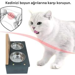 BUFFER® Ahşap Paslanmaz Çelik Kedi Köpek Toz Hazneli 2li Demonte Stand Metal Mama ve Su Kabı Kutusu