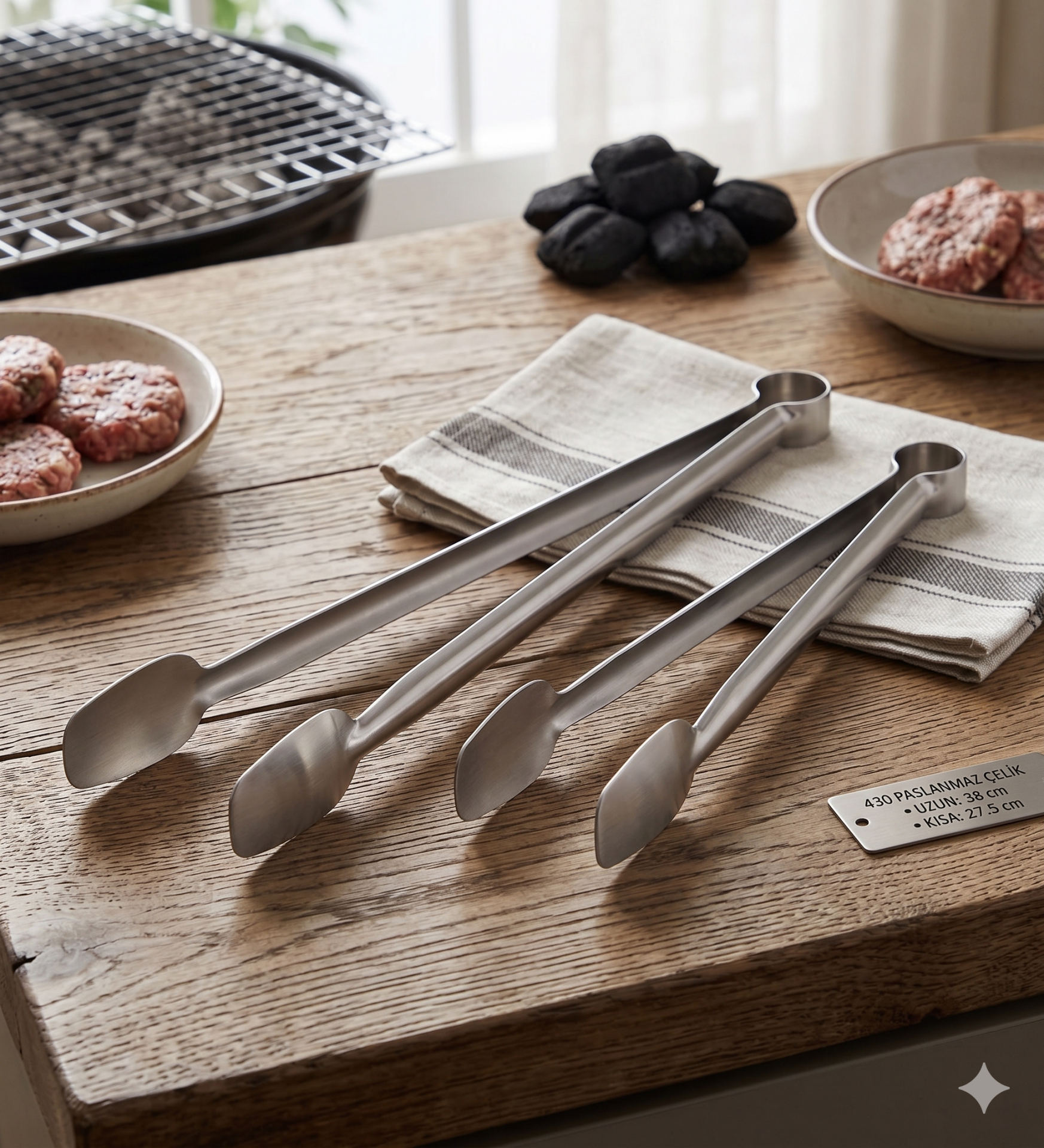 2'li Paslanmaz Çelik Izgara ve Köfte Çevirme Maşa Seti - Uzun (38 cm) & (27.5 cm) Barbekü Maşası