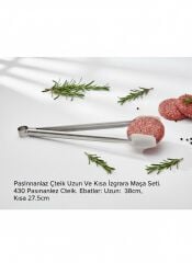 2'li Paslanmaz Çelik Izgara ve Köfte Çevirme Maşa Seti - Uzun (38 cm) & (27.5 cm) Barbekü Maşası