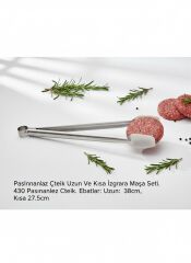 2'li Paslanmaz Çelik Izgara ve Köfte Çevirme Maşa Seti - Uzun (38 cm) & (27.5 cm) Barbekü Maşası