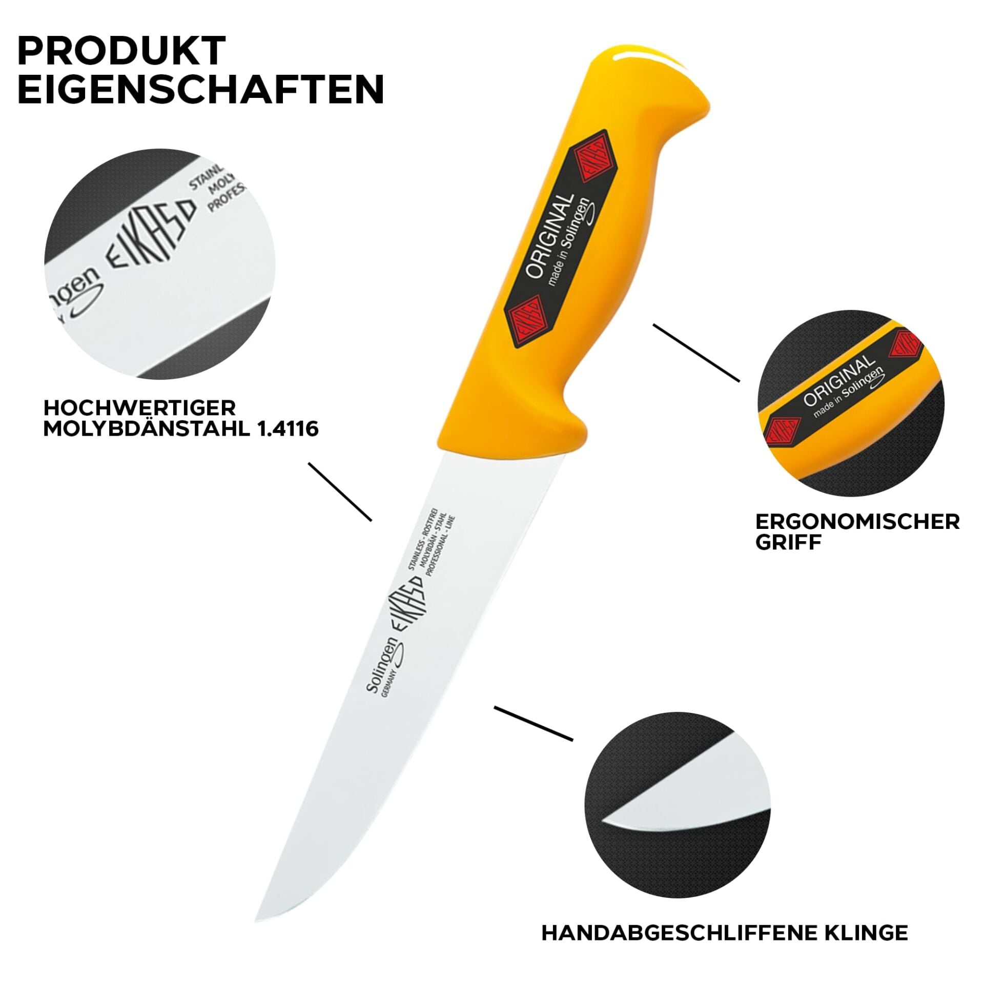 Eikaso Solingen Kasap Doğrama Bıçağı, Dar Ağızlı, 16 cm, Toplam 29 cm, Sarı Sap