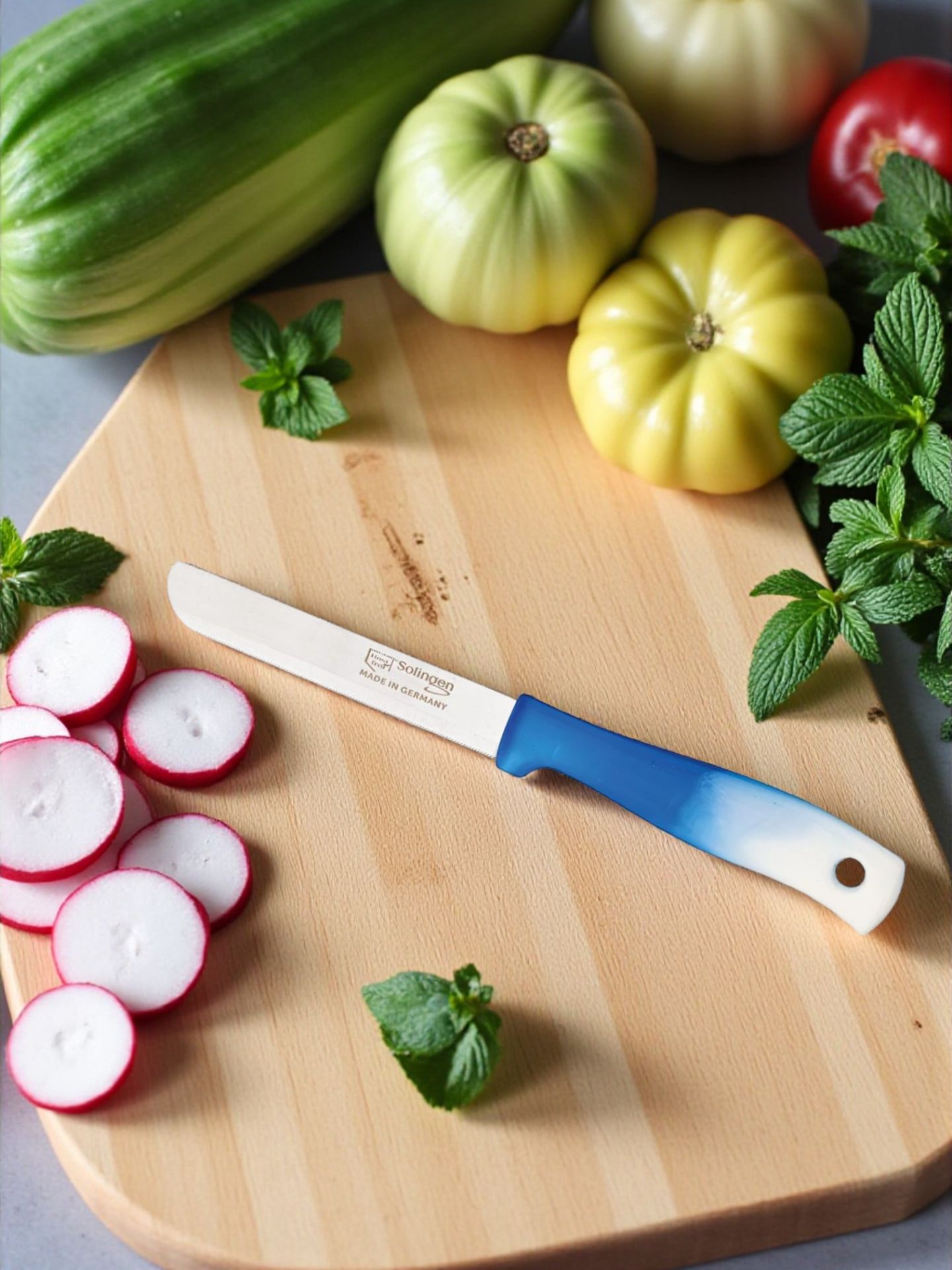 Solingen Mavi Ebruli Ava Sebze Bıçağı – Paslanmaz Alman Çeliği, Ergonomik Sap, 22 cm (Tekli)