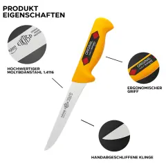 Eikaso Solingen Kemik Sıyırma Bıçağı, 16 cm Düz Kemiksiz Bıçak, Sarı Sap