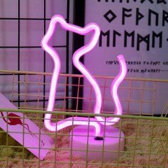 BUFFER® Pembe Kedi Neon Led Işıklı Usb Girişli Pilli Masa ve Gece Lambası