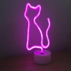BUFFER® Pembe Kedi Neon Led Işıklı Usb Girişli Pilli Masa ve Gece Lambası