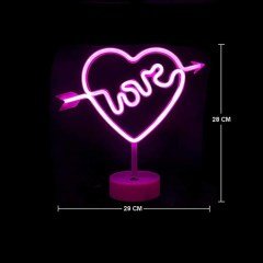 BUFFER® Kalpli Love Yazılı Dekoratif Neon Pilli Led Masa ve Gece Lambası