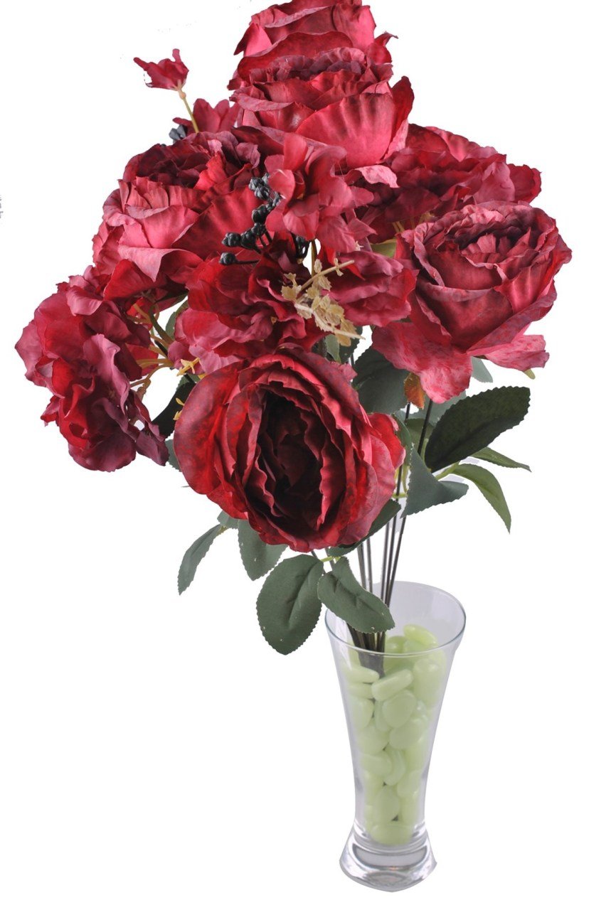 BUFFER® 11 Dallı 50 cm  Kırmızı Damarlı Gül Demeti Dekoratif Yapay Çiçek