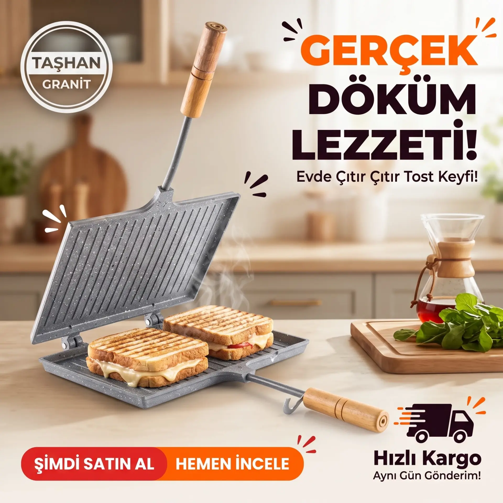 Taşhan İçi Granit El Tostu Ocak Üstü Tost Pişirme Tavası 23x17 cm TAŞ005