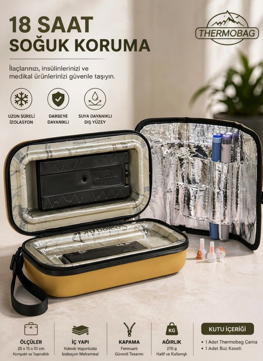 Gold İnsülin Hormon Taşıma Çantası, 25x15x10 cm, Neopren Dış Kaplama, İzotermik İç Yalıtım, 18 Saat